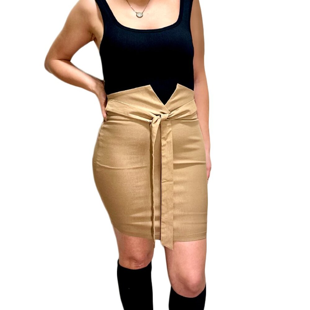 Beige Stretch Skirt with belt detail